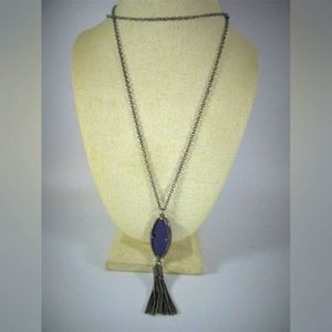 Purple oval stone Fringe Pendant Gun Metal Necklace
